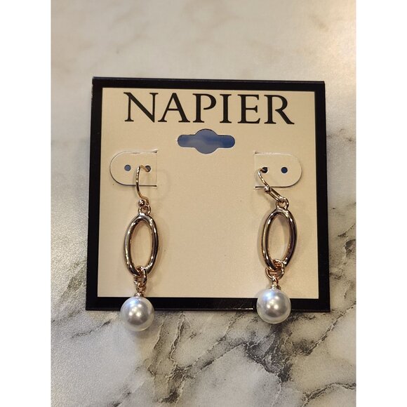 Napier Gold-Tone Oval Drop Earrings With Faux Pearl Accent - Picture 1 of 5